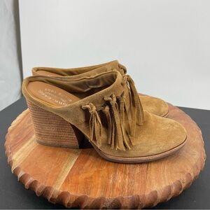 KORK-EASE Charley Mules CLOGS Size 8.5 Western Fringe Block Heel Tan Suede